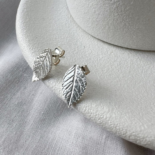 Small Rose Leaf Stud Earrings in Sterling Silver