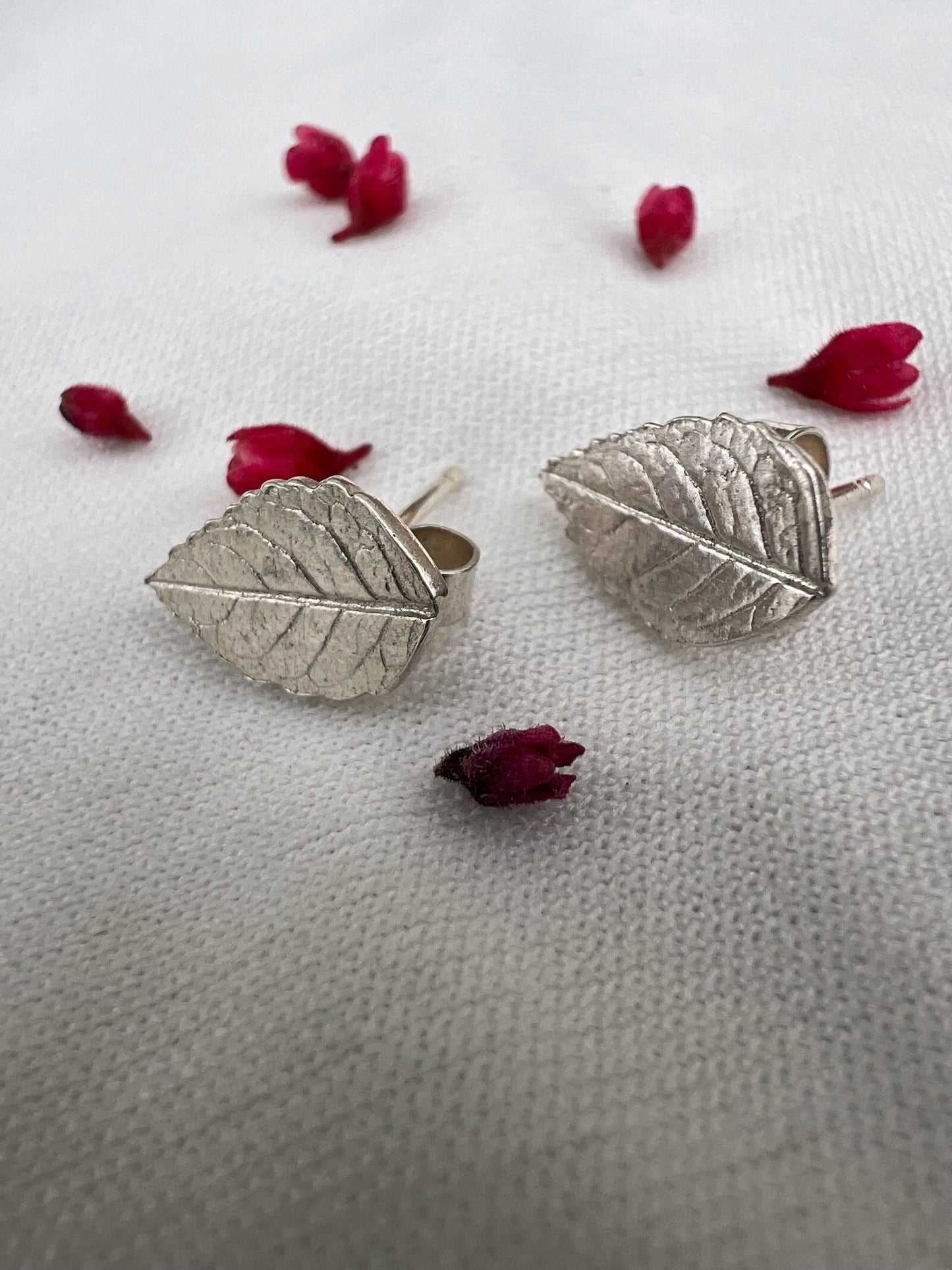 Small Rose Leaf Stud Earrings in Sterling Silver